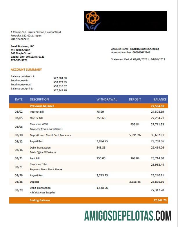Imprimível Nishi Nippon City Bank Enterprise Account Statement Word And PDF model